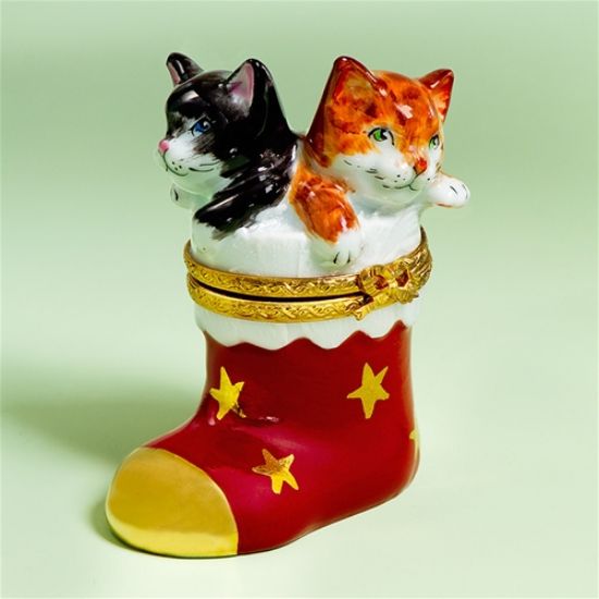 Picture of Limoges Black and Orange Cats in Christmas Boot Box