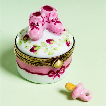 Picture of Limoges Pink Baby Shoes on Roses Box with Pacifier.