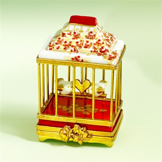 Picture of Limoges Red and Gold Birdcage with Birds