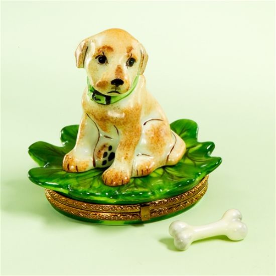 Picture of Limoges Blond Puppy on Leaf Box with Bone