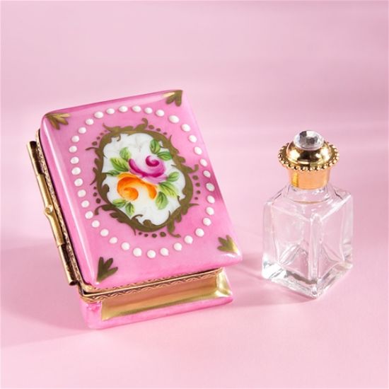 Picture of Limoges Pink Book Box with a Rose and Perfume Bottle