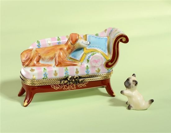 Picture of Limoges Dog on Sofa Box with Cat. 