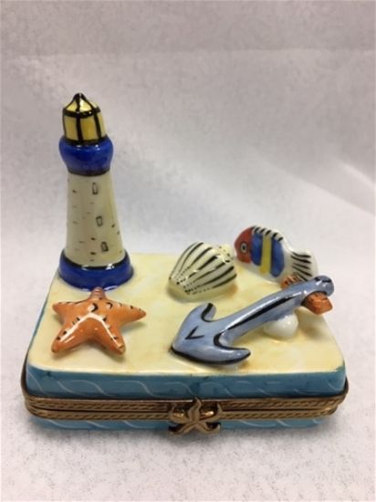 Picture of Limoges Beach Scene with Lighthouse, Anchor and Fish Box 