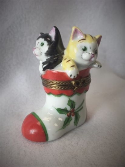 Picture of Limoges Christmas Boot with Black and Yellow Cats Box