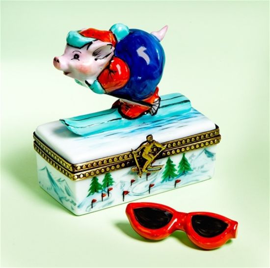 Picture of Limoges Pig Skier Box with Sunglasses 