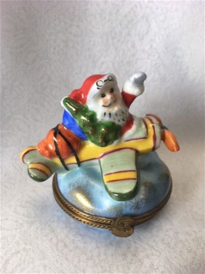 Picture of Limoges Santa on Airplane with Bag of Toys Box
