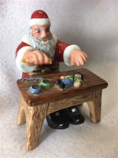 Picture of Limoges Santa Toymaker at Wooden Table with Clown Box