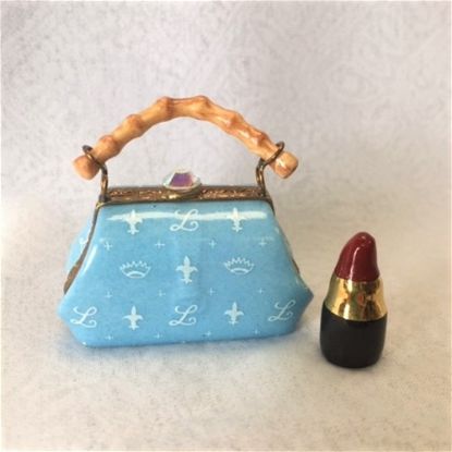 Picture of Limoges Blue Elegant Purse Bamboo Handle Box and Lipstick
