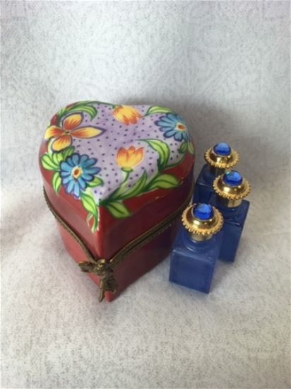 Picture of Limoges Red Heart with Flowers Box and Perfume Bottles 
