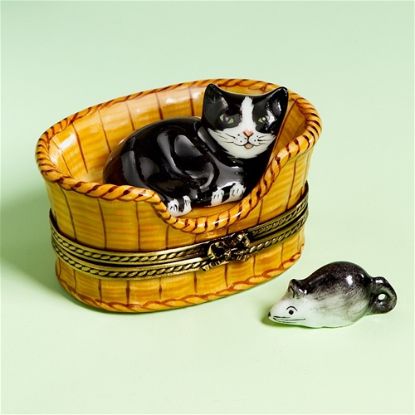 Picture of Limoges Black Cat in Wicker Box with Mouse