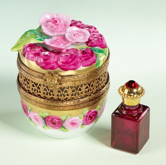 Picture of Limoges Roses Symphony Round Box with Perfume Bottle 