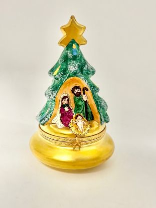 Picture of Limoges Christmas Tree with Nativity on Gold Base Box