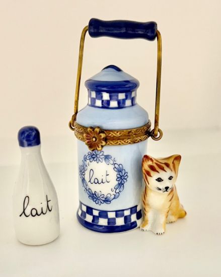 Picture of Limoges Cat with Milk Cand Box and Bottle of Milk