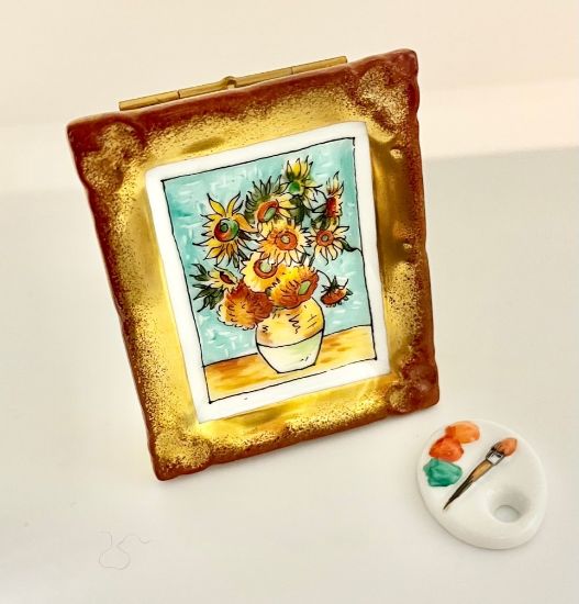 Picture of Limoges Van Gogh Sunflower Painting, gold frame Box and Painters Palette 