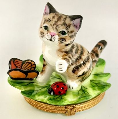 Picture of Limoges Cat on Leaf with  Butterfly and Ladybug  Box