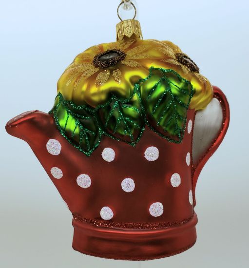Picture of Sunflowers in Red Watering Can with White Polka Dots Glass Polish Ornament