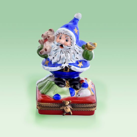 Picture of Limoges Santa in Blue  Coat with Stars with Teddy and Bell Box