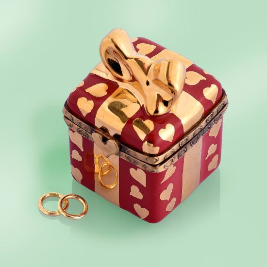Picture of Limoges Burgundy Gift Box with Gold Heart Box and Wedding Bands 