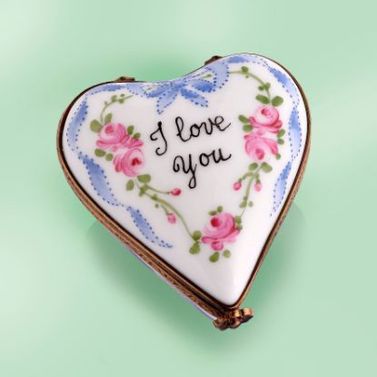 Picture of Limoges I Love You Heart with Roses and Blue Ribbons Box