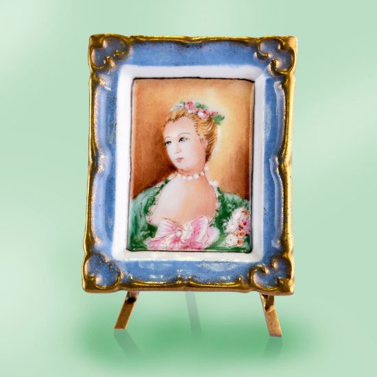 Picture of Limoges Marquise de Pompadour Portrait Blue gold Frame on Easel Box
