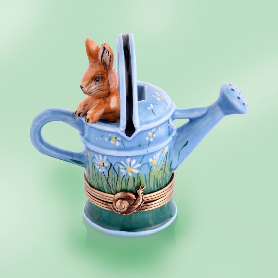Picture of Limoges Brown Rabbit in Blue Watering Can with Daisies Box