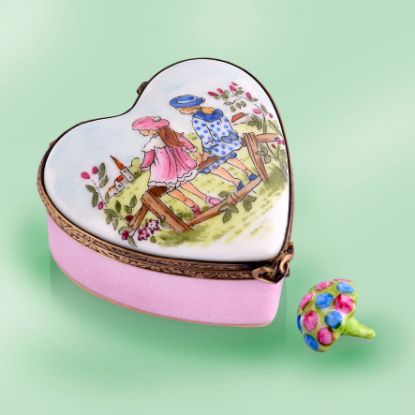 Picture of Limoges Auburn and Blonde  Friends on Heart Box with Floral Bouquet 