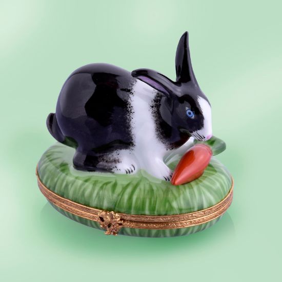 Picture of Limoges Black and White Rabbit on Grass with Carrot Box