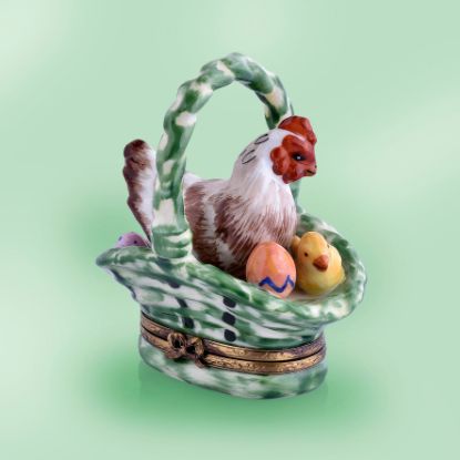 Picture of Limoges White Hen in Green Basket with Chicken and Egg Box