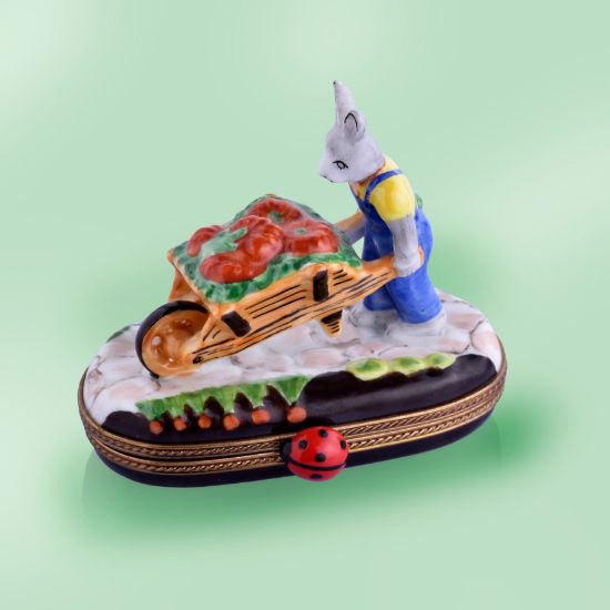 Picture of Limoges Gray Rabbit in Overalls  with Wheelbarrow with Tomatos Box