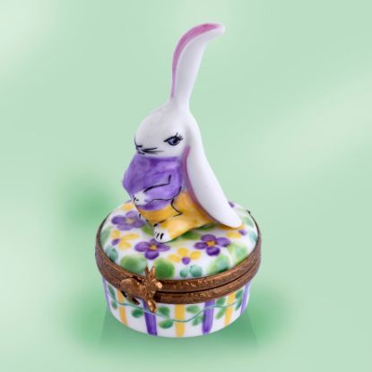 Picture of Limoges White Rabbit on Purple and Yellow Fowers Box