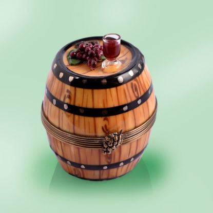 Picture of Limoges Brown Wooden Barrel with Grapes and Red Wine Glass Box  and Bottle Inside