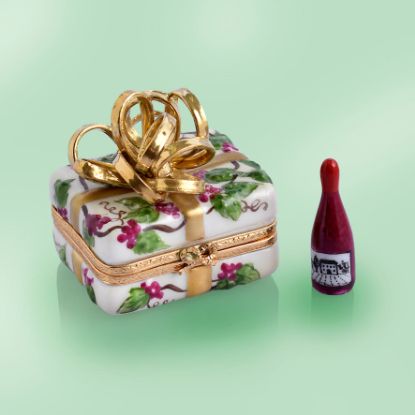 Picture of Limoges Gift Box with Grapes , Gold Bow and Red Wine Bottle  