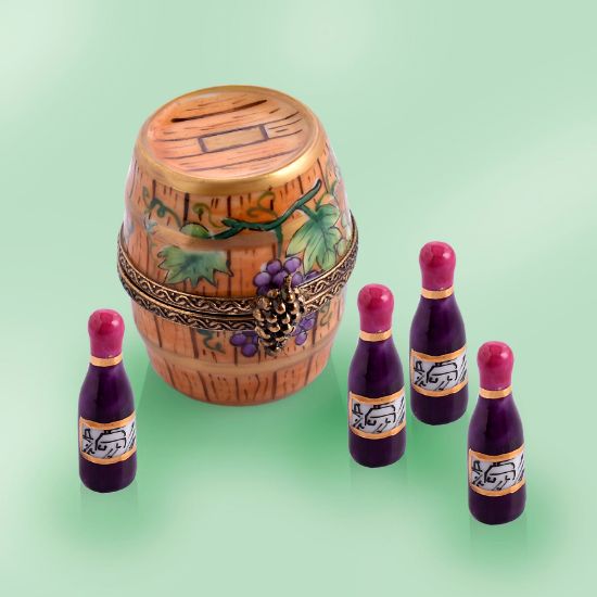 Picture of Limoges Wooden Barrel with Grapes Box  and 4 Red Wine Bottles 