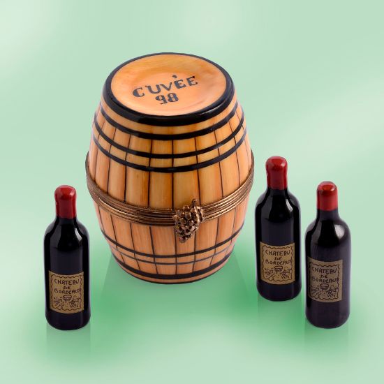 Picture of Limoges Cuvee 98 Wooden Barrel Box and 3 Bottles of Red Wine