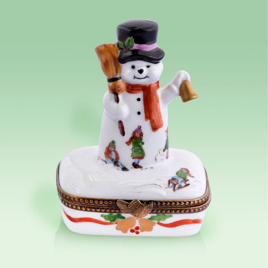 Picture of Limoges Snowman with Children on Snow, Broom and Bell Box