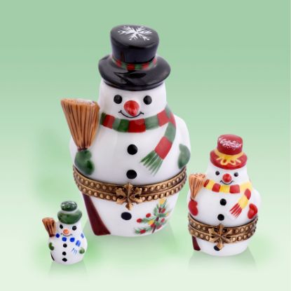 Picture of Limoges 3 Snowmen Family Boxes Set with Christmas Tree and Broom 