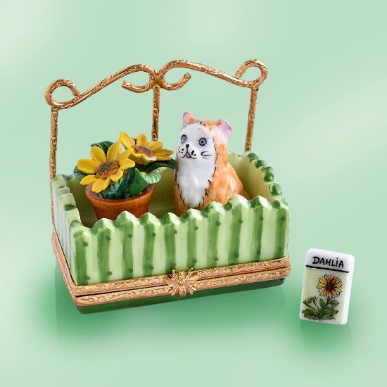 Picture of Limoges Orange cat by Fence with Flowe Pot Box