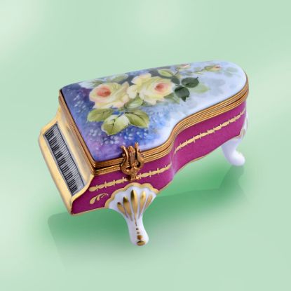 Picture of Limoges Piano with Romantic Roses  Box on Burgundy