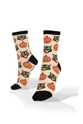 Picture of Halloween Green  Eyes Cat and Jack O Lantern Socks