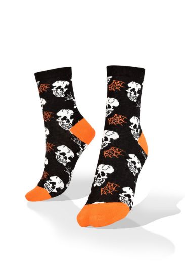 Picture of Halloween Socks Skulls  on Black with Orange Spider Webs