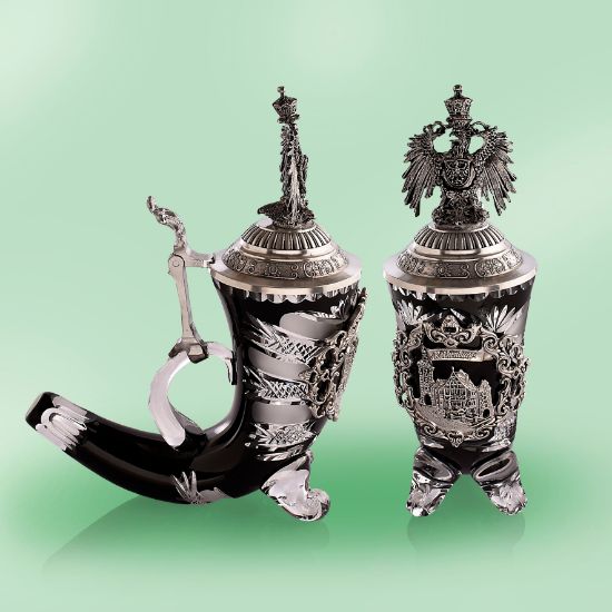 Picture of German Lord of Crystal Black Horn Bohemian Glass Stein with Pewter and Crest Lid.