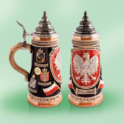 Picture of German 3D earthenware Polska  Beerstein with Pewter Lid.