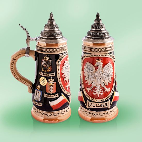 Picture of German 3D earthenware Polska  Beerstein with Pewter Lid.