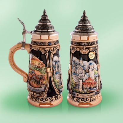 Picture of German 3D earthenware  Neuschwanstein Castle  Stein with a Pewter Lid , each.