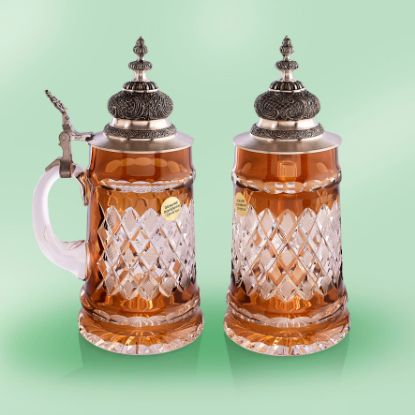 Picture of German Lord of Bohemian Crystal Beerstein with pewter Crest and Lid, each.