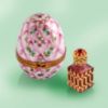 Picture of Limoges Pink Trellis Egg with Roses  and BLue Flowers Box with Burgundy and Gold Perfume Bottle.