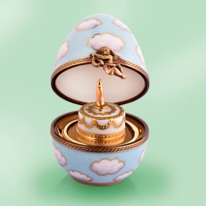 Picture of Limoges Clouds in the Sky Egg with Cherub Clasp and BIrtday Cake inside Box