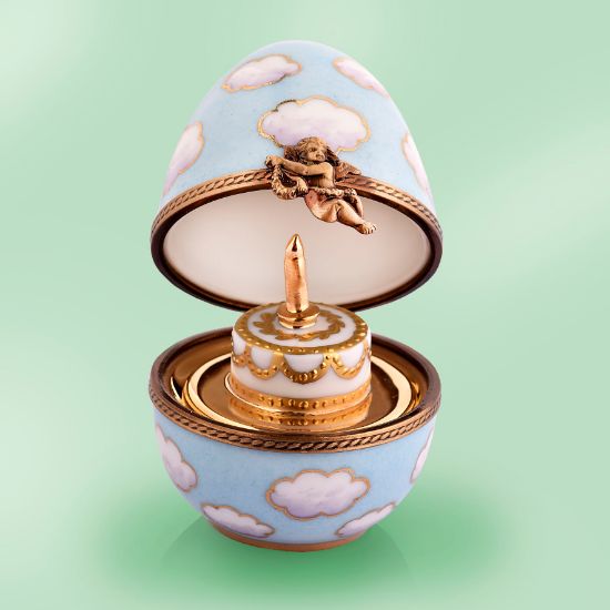 Picture of Limoges Clouds in the Sky Egg with Cherub Clasp and BIrtday Cake inside Box