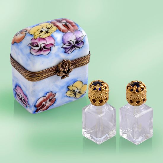 Picture of Limoges Blue Perfume Chest Box with Pansies and 2 Glass Bottles 