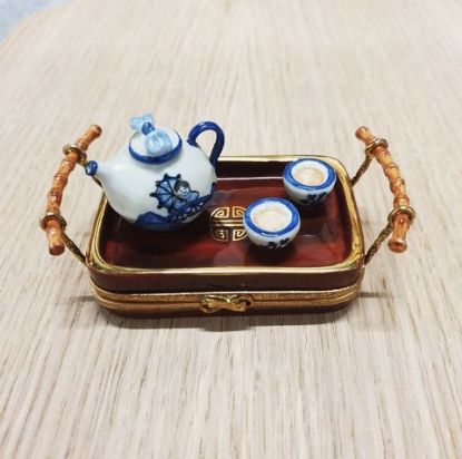 Picture of Limoges Oriental Teapot with 2 Tea Cups on a Tray with Bamboo Handles Box